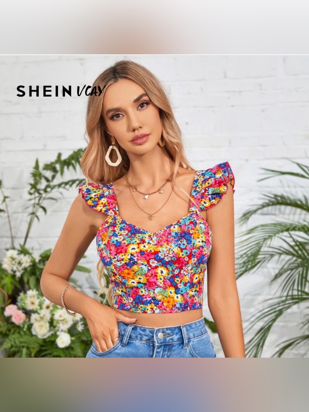 SHEIN ~ Floral Print ~ Tie ~ Backless Ruffle Flutter Sleeves ~ Crop Top